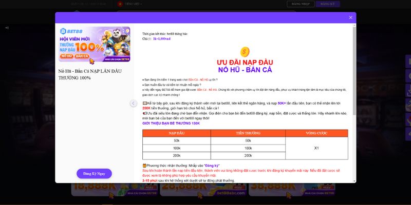 Khuyến mãi BET88 với thưởng nạp tận 100% cho lần đầu